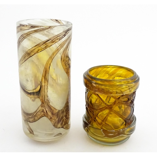 211 - Two Mdina glass vases, one with trailed detail and signed under. The other of tall cylindrical form.... 