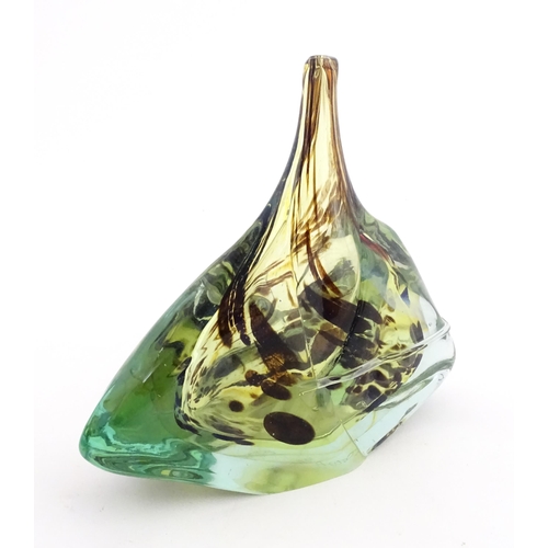 214 - A Mdina glass axe head / fish head  vase of angular form with elongated neck. Signed under Mdina Gla... 