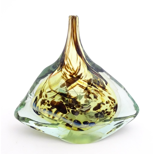 214 - A Mdina glass axe head / fish head  vase of angular form with elongated neck. Signed under Mdina Gla... 