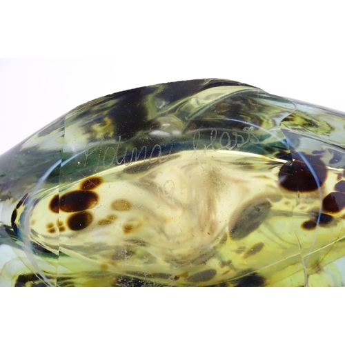 214 - A Mdina glass axe head / fish head  vase of angular form with elongated neck. Signed under Mdina Gla... 