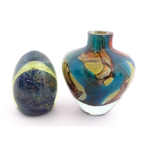 215 - A Mdina glass paperweight signed under. Together with a Mdina glass Tiger pattern vase, Unsigned. Th... 