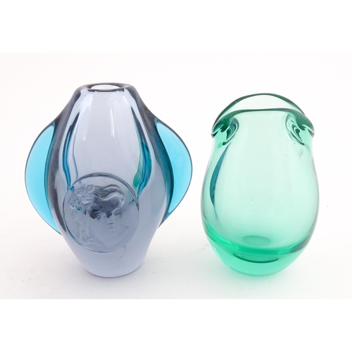 231 - Two studio glass vases, one a green glass vase by Holmegaard signed under, the other a vase with sty... 