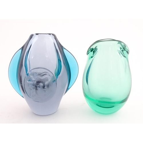 231 - Two studio glass vases, one a green glass vase by Holmegaard signed under, the other a vase with sty... 
