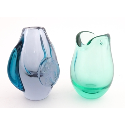 231 - Two studio glass vases, one a green glass vase by Holmegaard signed under, the other a vase with sty... 