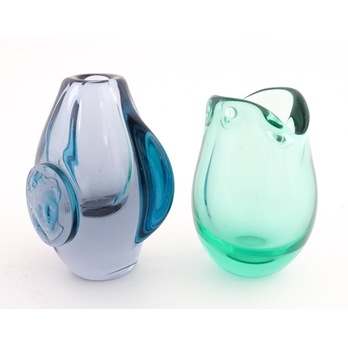 231 - Two studio glass vases, one a green glass vase by Holmegaard signed under, the other a vase with sty... 