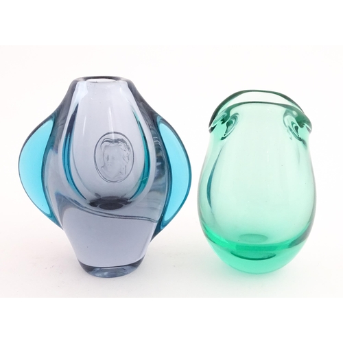 231 - Two studio glass vases, one a green glass vase by Holmegaard signed under, the other a vase with sty... 