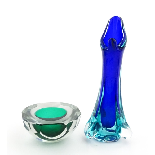235 - A Murano sommerso glass ash tray of green and clear glass, together with a Murano glass vase. The va... 