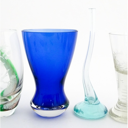 239 - Assorted glassware to include a ' Devon Blue' vase by Dartington, a Caithness glass vase with Robin ... 