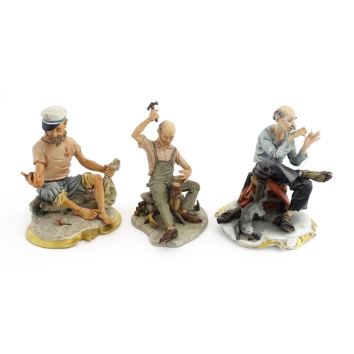 190 - Three Capodimonte figures comprising a model of a sailor, a cobbler, and a tramp with needle and thr... 