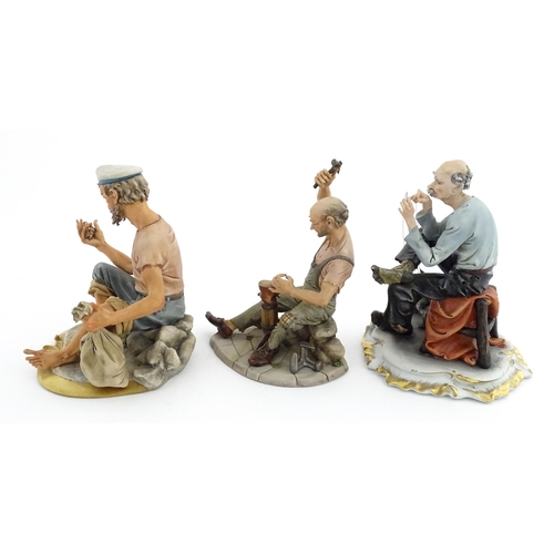 190 - Three Capodimonte figures comprising a model of a sailor, a cobbler, and a tramp with needle and thr... 