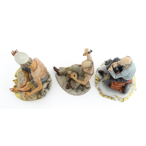 190 - Three Capodimonte figures comprising a model of a sailor, a cobbler, and a tramp with needle and thr... 