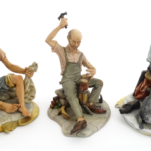 190 - Three Capodimonte figures comprising a model of a sailor, a cobbler, and a tramp with needle and thr... 