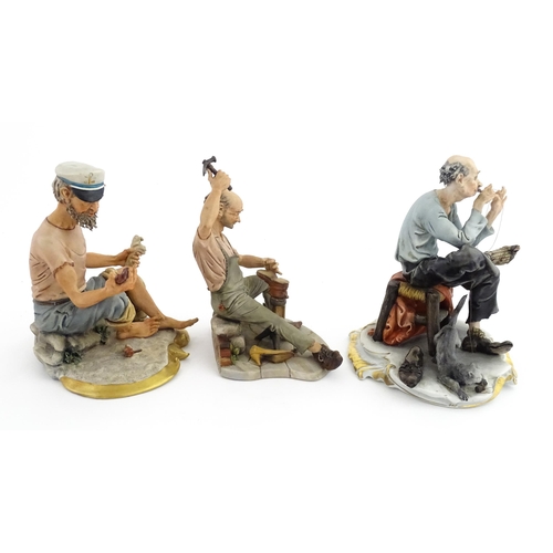190 - Three Capodimonte figures comprising a model of a sailor, a cobbler, and a tramp with needle and thr... 