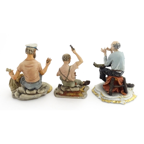 190 - Three Capodimonte figures comprising a model of a sailor, a cobbler, and a tramp with needle and thr... 