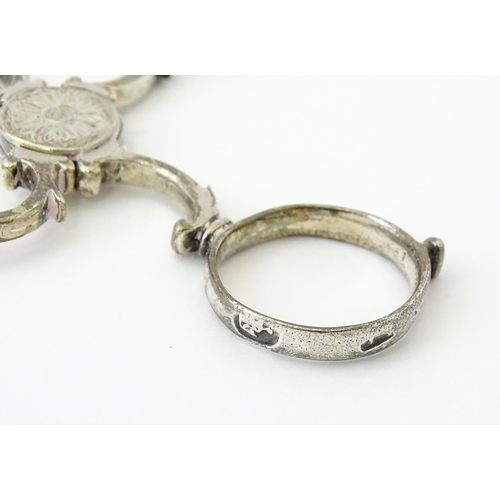 324 - 18thC Irish silver sugar nips. Together with silver plate sugar cutters with mother of pearl detail ... 