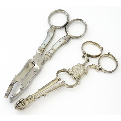 324 - 18thC Irish silver sugar nips. Together with silver plate sugar cutters with mother of pearl detail ... 