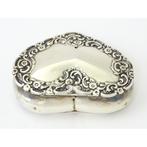 336 - A Victorian silver pot of heart form with embossed floral decoration, hallmarked Birmingham 1898, ma... 