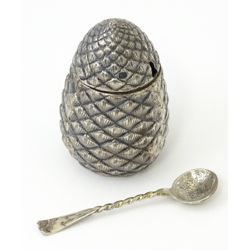 337 - A novelty silver mustard pot of pine cone form hallmarked Sheffield c. 1900, maker George Wish. Toge... 
