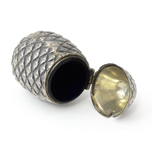 337 - A novelty silver mustard pot of pine cone form hallmarked Sheffield c. 1900, maker George Wish. Toge... 