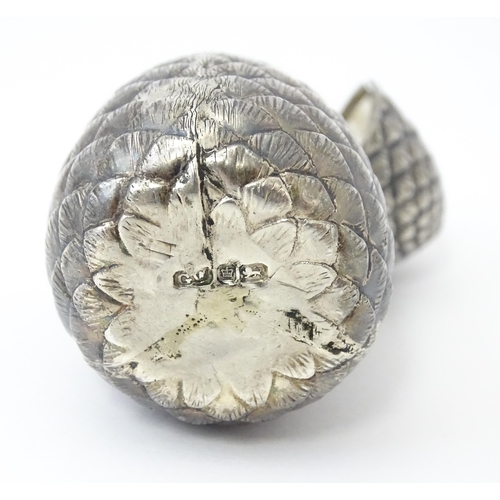 337 - A novelty silver mustard pot of pine cone form hallmarked Sheffield c. 1900, maker George Wish. Toge... 