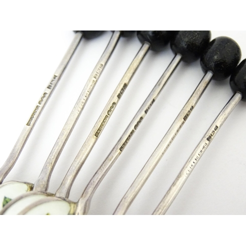 347 - A cased set of six silver coffee spoons with enamel and hand painted floral decoration, hallmarked B... 