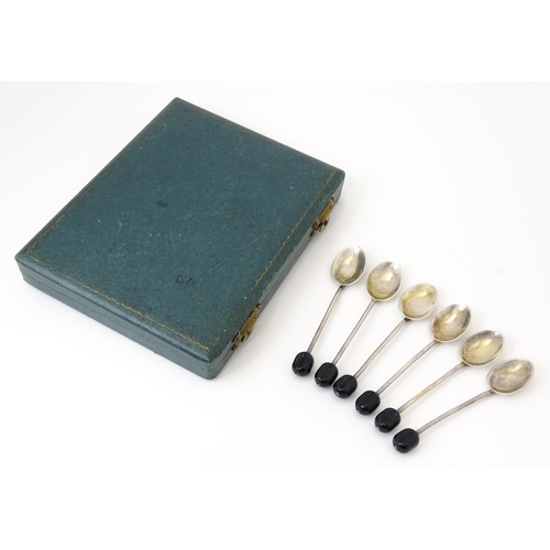 347 - A cased set of six silver coffee spoons with enamel and hand painted floral decoration, hallmarked B... 