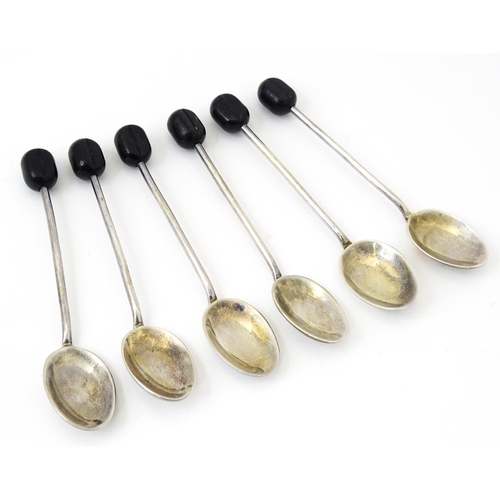 347 - A cased set of six silver coffee spoons with enamel and hand painted floral decoration, hallmarked B... 