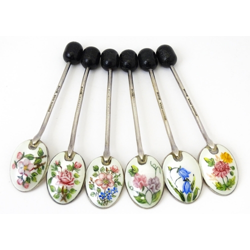347 - A cased set of six silver coffee spoons with enamel and hand painted floral decoration, hallmarked B... 