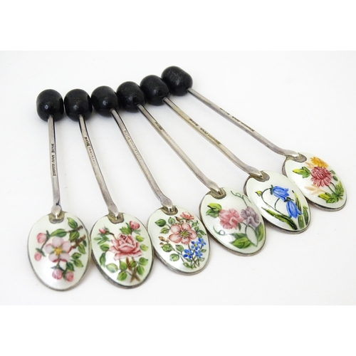 347 - A cased set of six silver coffee spoons with enamel and hand painted floral decoration, hallmarked B... 