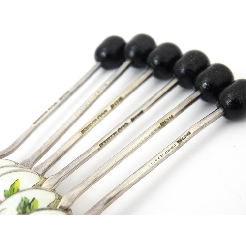 347 - A cased set of six silver coffee spoons with enamel and hand painted floral decoration, hallmarked B... 