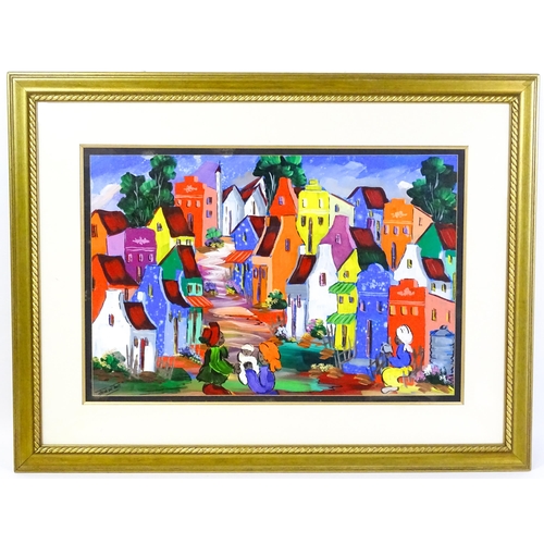 1781 - Jana du Toit (b. 1945), South African School, Oil on canvas, A colourful townscape with figures. Sig... 