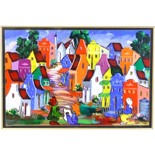1781 - Jana du Toit (b. 1945), South African School, Oil on canvas, A colourful townscape with figures. Sig... 