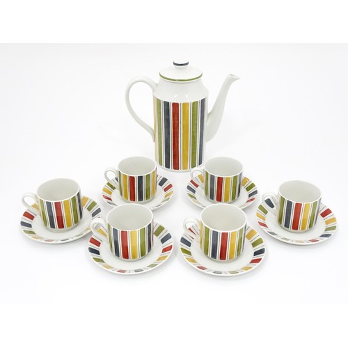 A retro Midwinter coffee set in the Mexicana pattern with stripe detail designed by Jessie Tait. Coffee pot approx. 8" high