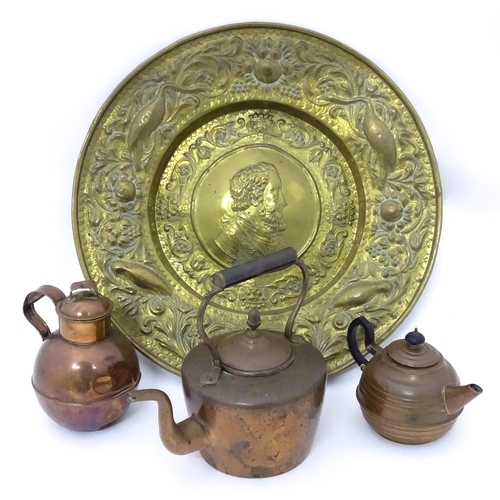 3 - A quantity of brass and copper to include a copper kettle, teapot and jug together with a large bras... 