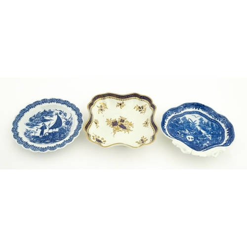 89 - Three 18thC wares comprising a Caughley dessert dish of shaped form decorated in the Full Nanking pa... 