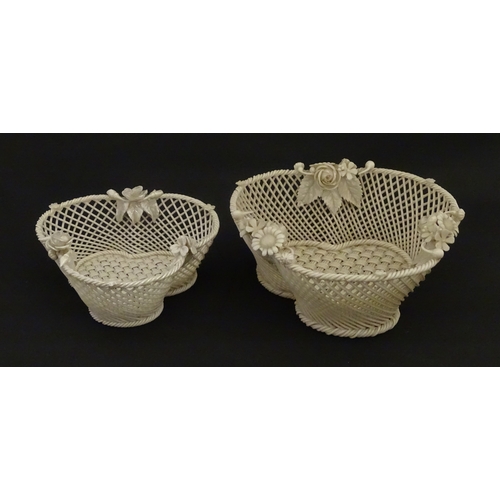 101 - Two Belleek three strand baskets of shamrock form with applied flower and leaf detail to rim. Both w... 