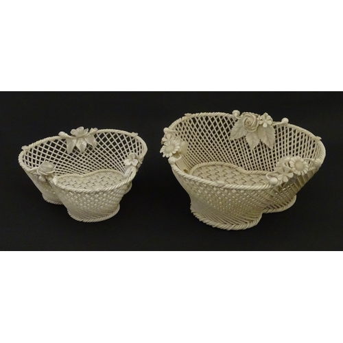 101 - Two Belleek three strand baskets of shamrock form with applied flower and leaf detail to rim. Both w... 