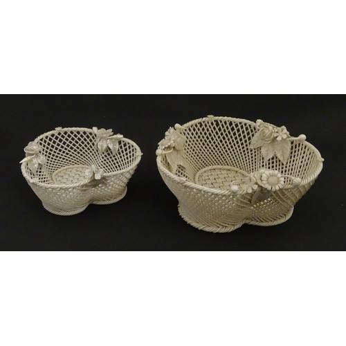 101 - Two Belleek three strand baskets of shamrock form with applied flower and leaf detail to rim. Both w... 