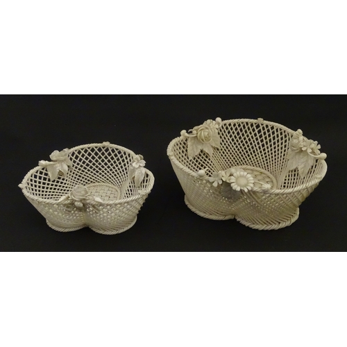 101 - Two Belleek three strand baskets of shamrock form with applied flower and leaf detail to rim. Both w... 