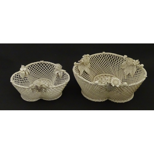 101 - Two Belleek three strand baskets of shamrock form with applied flower and leaf detail to rim. Both w... 