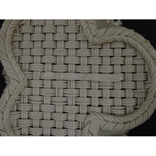 101 - Two Belleek three strand baskets of shamrock form with applied flower and leaf detail to rim. Both w... 