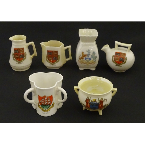 105 - Six Belleek crested china wares to include three for Limerick, one for Larne, Belfast and Dublin. Ea... 