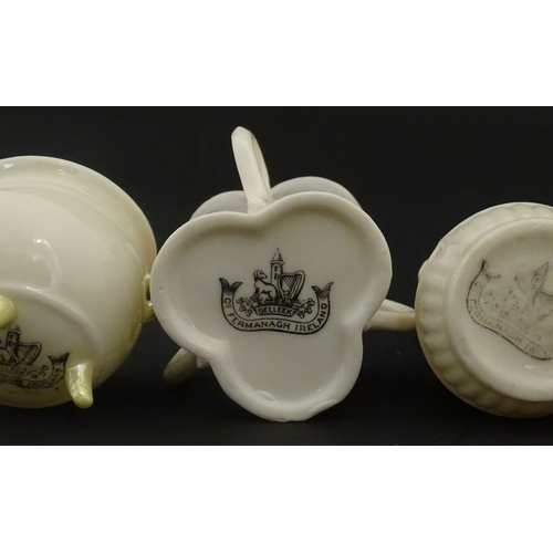 105 - Six Belleek crested china wares to include three for Limerick, one for Larne, Belfast and Dublin. Ea... 