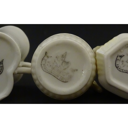 105 - Six Belleek crested china wares to include three for Limerick, one for Larne, Belfast and Dublin. Ea... 