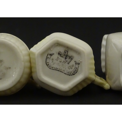 105 - Six Belleek crested china wares to include three for Limerick, one for Larne, Belfast and Dublin. Ea... 