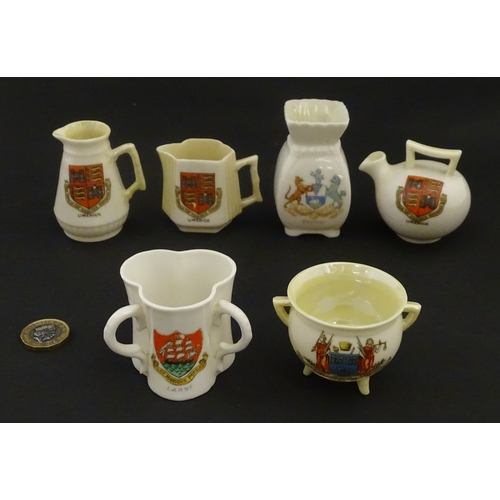 105 - Six Belleek crested china wares to include three for Limerick, one for Larne, Belfast and Dublin. Ea... 