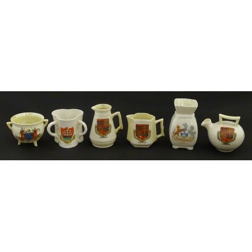 105 - Six Belleek crested china wares to include three for Limerick, one for Larne, Belfast and Dublin. Ea... 