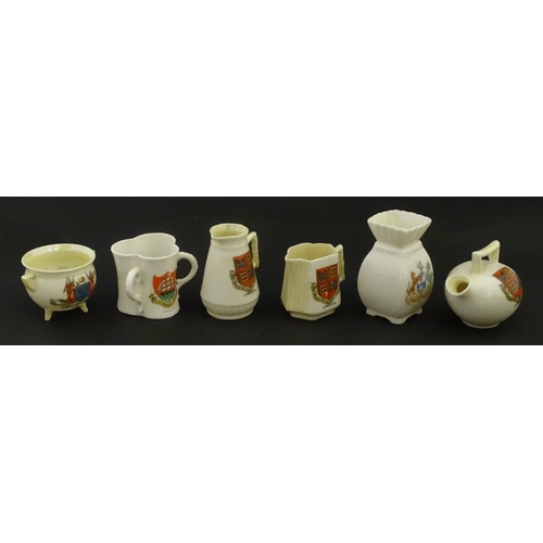 105 - Six Belleek crested china wares to include three for Limerick, one for Larne, Belfast and Dublin. Ea... 