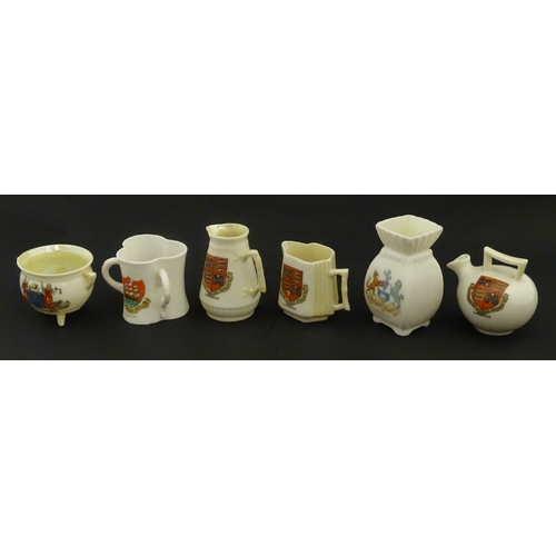 105 - Six Belleek crested china wares to include three for Limerick, one for Larne, Belfast and Dublin. Ea... 