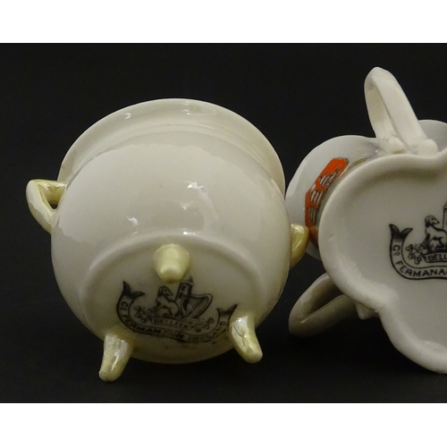 105 - Six Belleek crested china wares to include three for Limerick, one for Larne, Belfast and Dublin. Ea... 